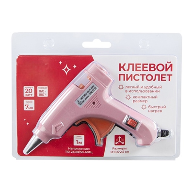 Клеевой низкотемпературный пистолет 110-240 В, 20 Вт, для D 7 мм, 13*11,5*2,5 см, Розовый, 1 шт. 88049429 - фото 1984