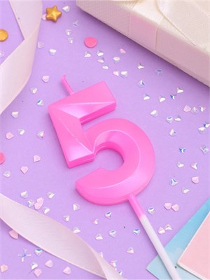Свеча в торт на шпажке «Грань», цифра "5", 5 см, розовая 10330399 10330399 - фото 288